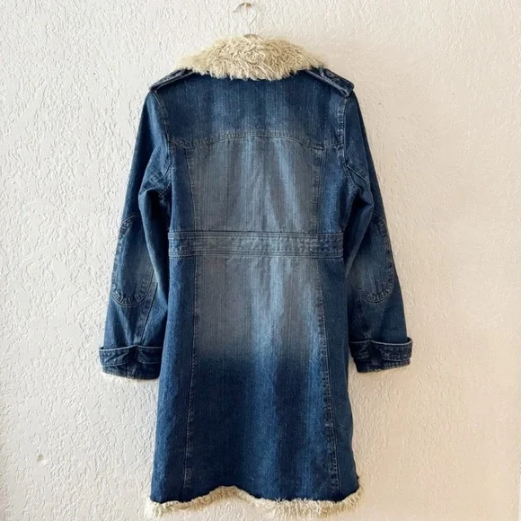 Retro STEVE MADDEN Coat Vintage LONG ISLAND CITY Penny Lane Denim Fur Size Large - Picture 4 of 13